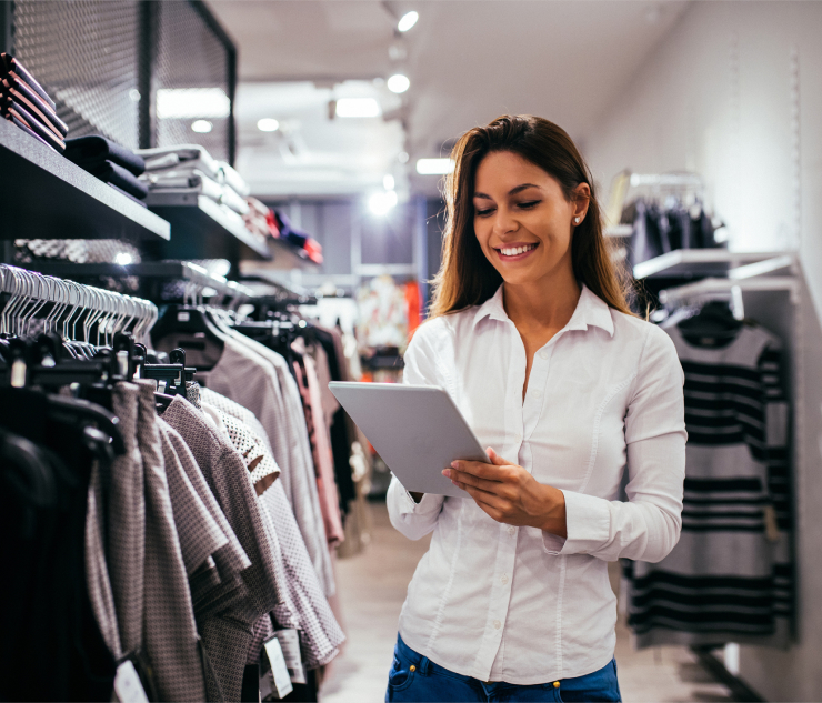 Individual in store holding tablet near clothing racks